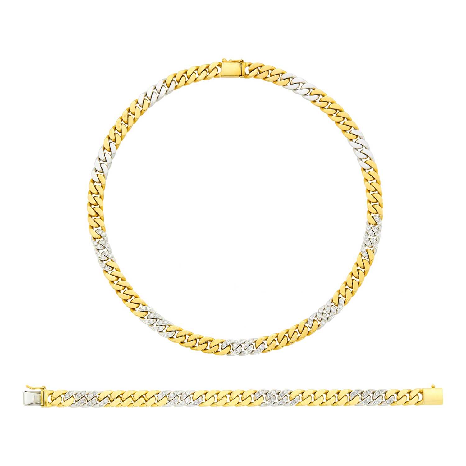 Lot 38 - Two-Color Gold and Diamond Curb Link Necklace and Bracelet