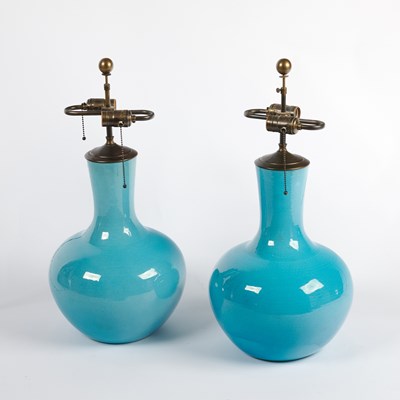 Lot 111 - Pair of Chinese Turquoise Glazed Porcelain Lamps