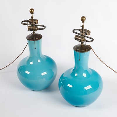 Lot 111 - Pair of Chinese Turquoise Glazed Porcelain Lamps