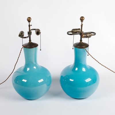 Lot 111 - Pair of Chinese Turquoise Glazed Porcelain Lamps