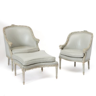 Lot 263 - Two Louis XVI Style Bergeres and Ottoman en Suite