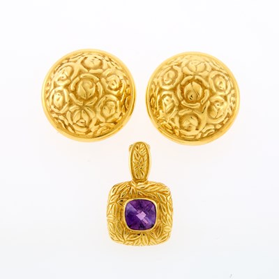 Lot 1061 - Gold and Amethyst Enhancer Pendant and Pair of Dome Earrings
