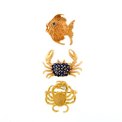 Lot 1156 - Two Gold, Sapphire and Diamond Crab Brooches and Fish Brooch