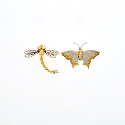 Lot 1206 - Two Platinum, Gold and Diamond Butterfly and Dragonfly Tie Tacks