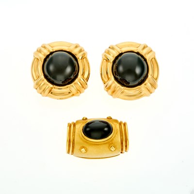 Lot 2167 - Gold and Black Onyx Enhancer and Pair of Earrings
