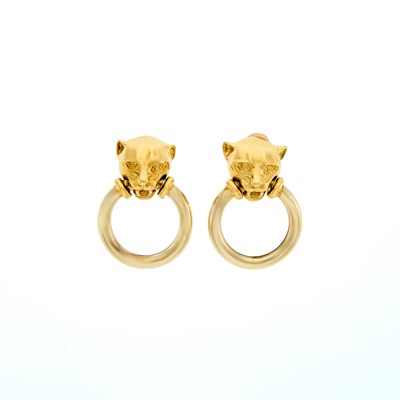 Lot 1007 - Pair of Gold Panther Door Knocker Pendant-Earclips