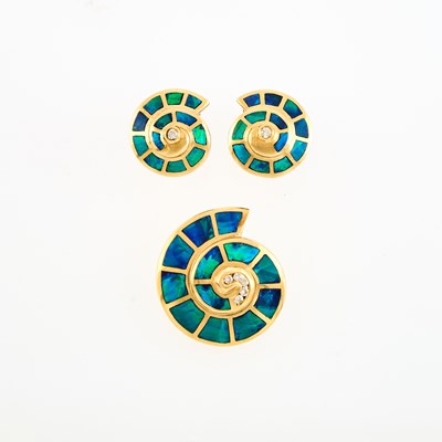 Lot 1016 - Pair of Gold, Opal and Diamond Nautilus Earrings and Pendant