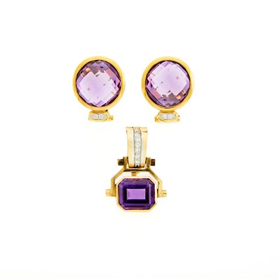 Lot 2162 - Pair of Gold, Amethyst and Diamond Earrings and Enhancer Pendant