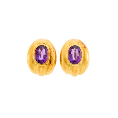 Lot 1154 - Pair of Gold and Amethyst Earrings