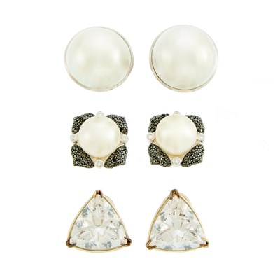Lot 1148 - Pair of White Gold and Mabé Pearl Earrings, Two-Color Gold, Cultured Button Pearl, Black Diamond and Diamond Earrings and Cubic Zirconia Earrings