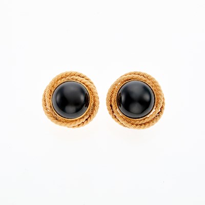 Lot 1056 - Pair of Gold and Black Onyx Earrings