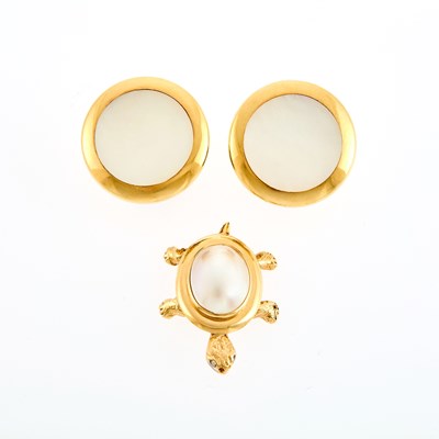 Lot 1088 - Pair of Gold and Mother-of-Pearl Earrings and Turtle Brooch