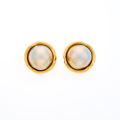 Lot 2137 - Pair of Gold and Gray Mabé Pearl Earrings
