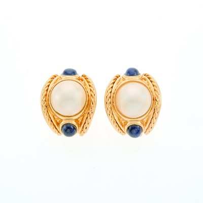 Lot 1196 - Pair of Gold, Mabé Pearl and Cabochon Sapphire Half-Hoop Earrings