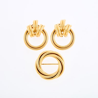 Lot 1114 - Pair of Gold Pendant-Earrings and Circle Brooch