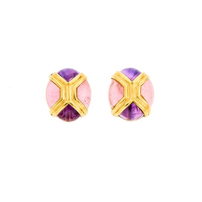 Lot 2018 - Pair of Two-Color Gold, Cabochon Pink Tourmaline and Amethyst Earrings