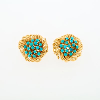 Lot 1065 - Pair of Gold and Turquoise Earclips