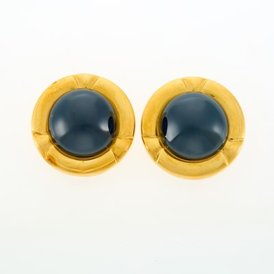 Lot 1091 - Pair of Gold and Blue Enamel Dome Earrings