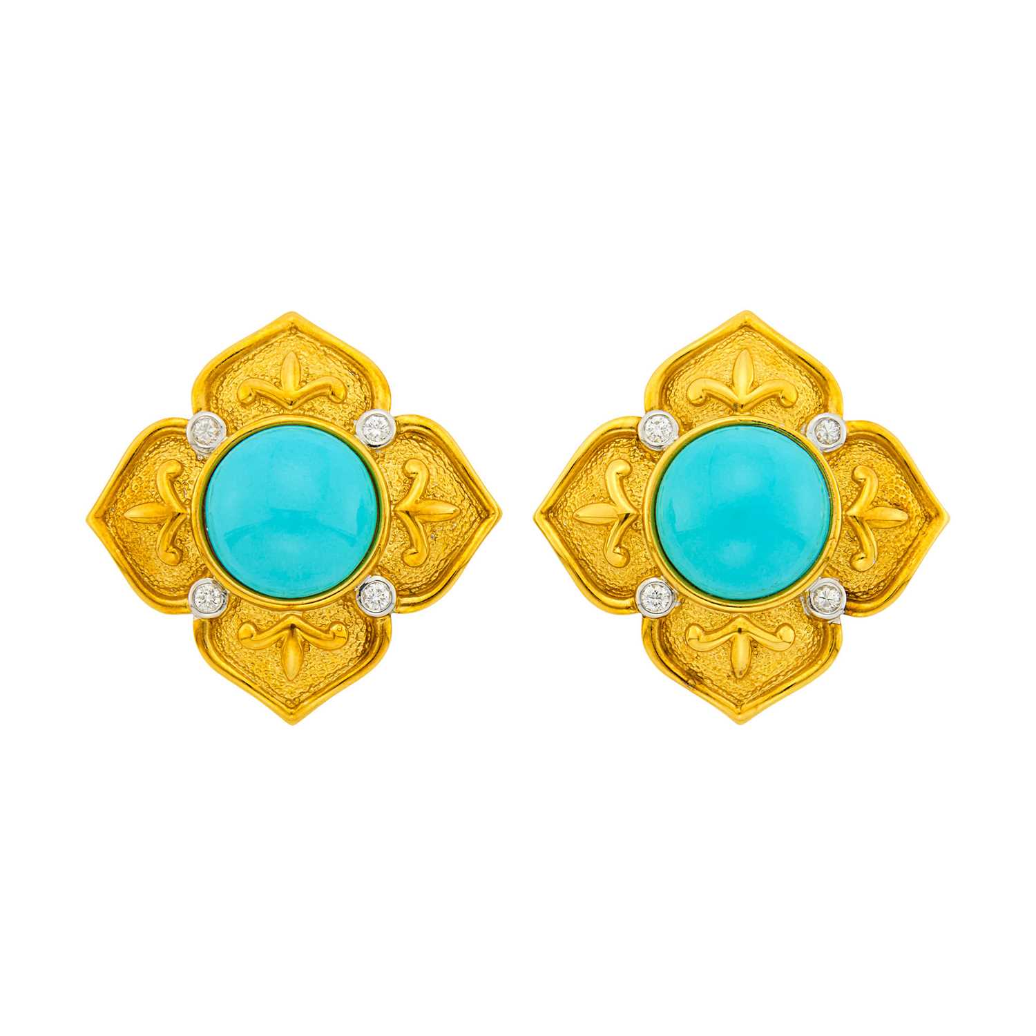Lot 9 - Pair of Gold, Turquoise and Diamond Earrings