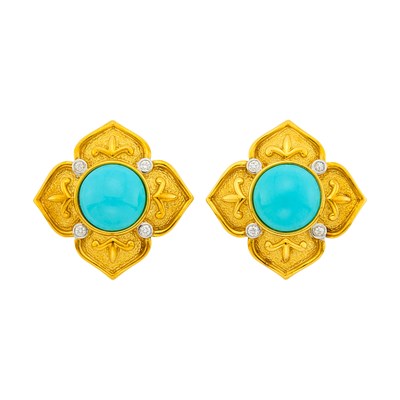 Lot 9 - Pair of Gold, Turquoise and Diamond Earrings