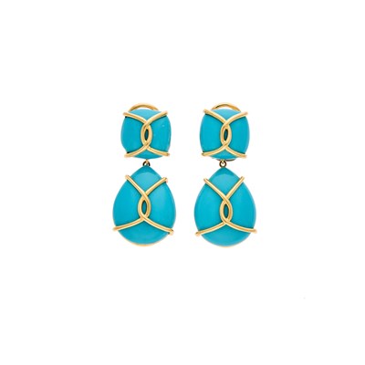 Lot 2227 - Pair of Gold and Reconstituted Turquoise Pendant-Earrings