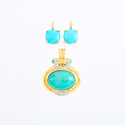 Lot 1105 - Pair of Gold and Reconstituted Turquoise Pendant-Earrings and Two-Color Gold, Turquoise and Diamond Enhancer Pendant
