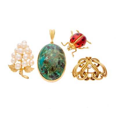 Lot 2197 - Gold and Hardstone Pendant and Three Gold, Enamel, Cultured Pearl and Diamond Brooches