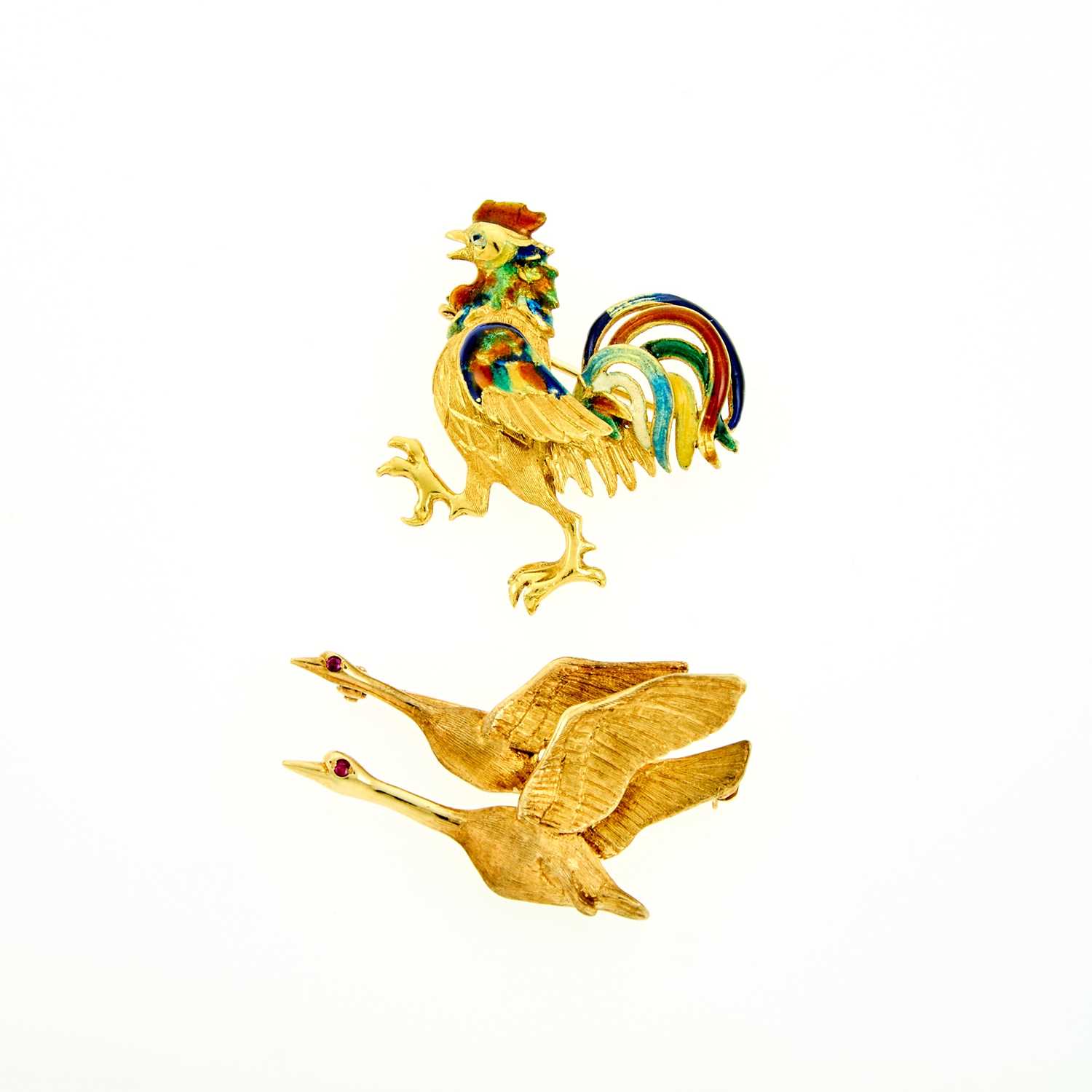 Lot 2273 - Gold and Ruby Flying Geese Brooch and Multicolored Enamel Rooster Brooch