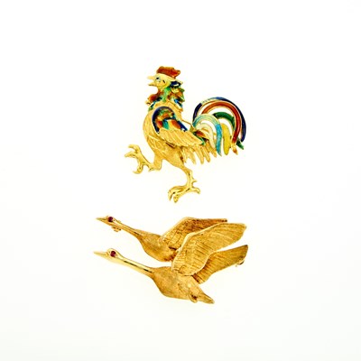 Lot 2150 - Gold and Ruby Flying Geese Brooch and Multicolored Enamel Rooster Brooch
