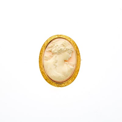 Lot 2133 - Antique Gold and Carved Angel Skin Coral Cameo Pendant-Brooch