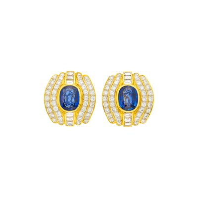 Lot 1162 - Pair of Gold, Sapphire and Diamond Earrings