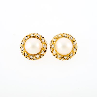 Lot 1051 - Pair of Gold, Mabé Pearl and Diamond Earrings