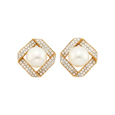 Lot 112 - Pair of Two-Color Gold, South Sea Cultured Pearl and Diamond Earrings