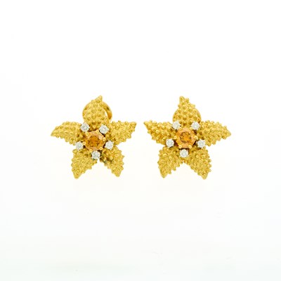 Lot 2023 - Pair of Gold, Platinum, Colored Diamond and Diamond Starfish Earrings
