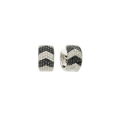 Lot 1105 - Pair of White Gold, Black Diamond and Diamond Huggie Earrings