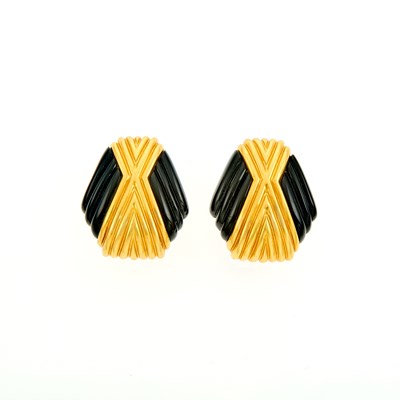 Lot 2169 - Pair of Gold and Fluted Black Onyx Earclips