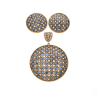 Lot 2192 - Silver, Gold, Sapphire and Diamond Pendant and Pair of Earrings