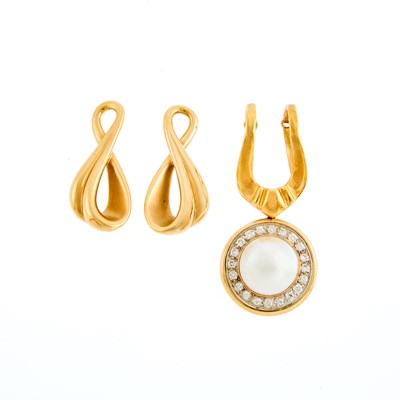 Lot 1099 - Two-Color Gold, Mabé Pearl and Diamond Enhancer Pendant and Pair of Gold Ear Pendants