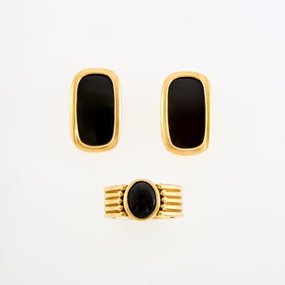 Lot 1093 - Pair of Gold and Black Onyx Earrings and Ring