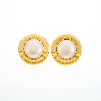 Lot 2160 - Pair of Gold and Freshwater Button Pearl Earrings
