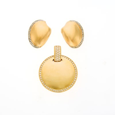 Lot 2027 - Pair of Gold and Diamond Earrings and Pendant