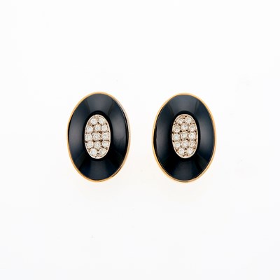 Lot 1181 - Pair of Gold, Black Onyx and Diamond Earclips