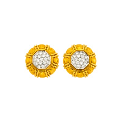 Lot 139 - Pair of Two-Color Gold and Diamond Earrings