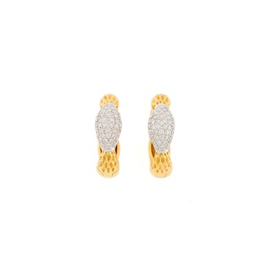 Lot 1025 - Pair of Two-Color Gold and Diamond Hoop Earrings