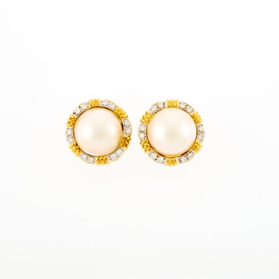 Lot 1240 - Pair of Two-Color Gold, Mabé Pearl and Diamond Earrings