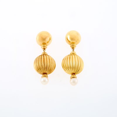 Lot 1031 - Pair of Gold and Cultured Pearl Pendant-Earrings