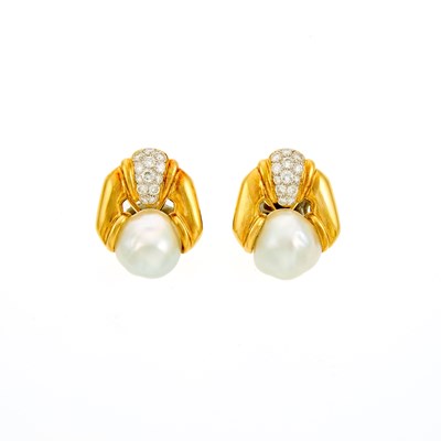 Lot 2149 - Pair of Two-Color Gold, Baroque Cultured Pearl and Diamond Pendant-Earrings