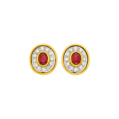 Lot 1160 - Pair of Two-Color Gold, Ruby and Diamond Earrings