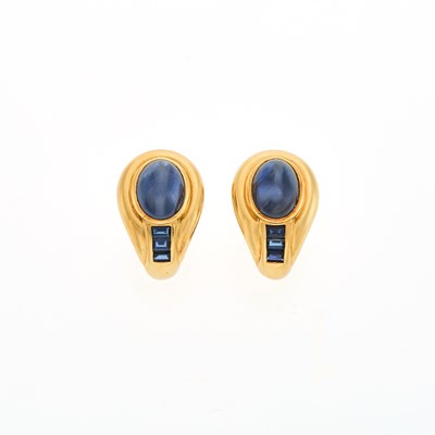 Lot 1033 - Pair of Gold, Cabochon Sapphire and Sapphire Earrings