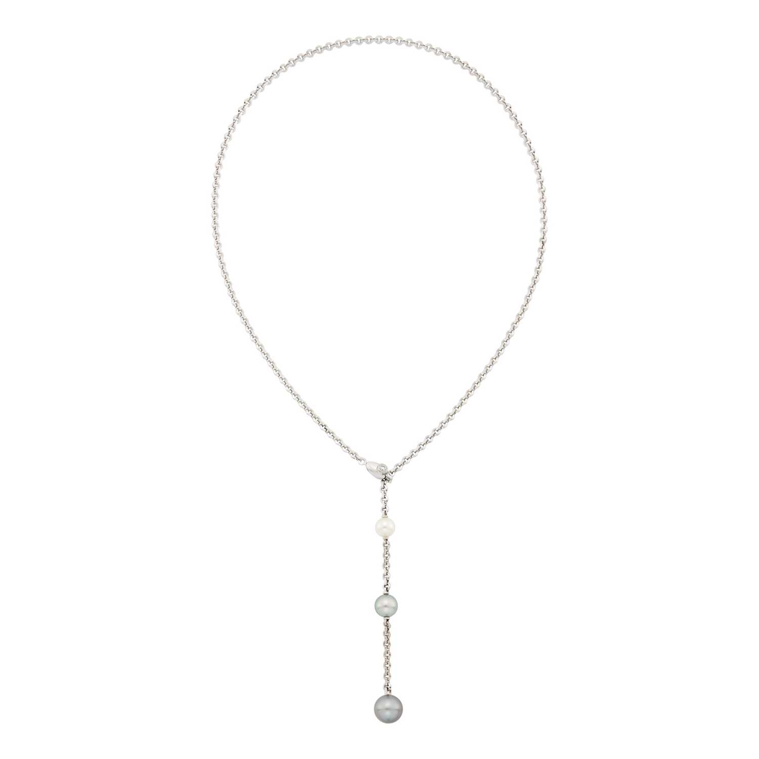 Lot 54 - Cartier White Gold, Multicolored Cultured Pearl and Diamond Lariat Chain Necklace